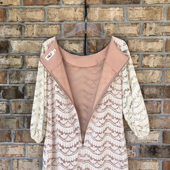 Eliza J Cotton Blend Puff 3/4 Sleeves Ivory Lace Nude Line Back Zipper Dress 10 - Picture 8 of 16